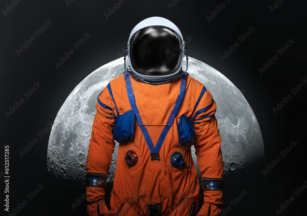 Poster Moon in black space. Spaceman near lunar surface. Astronaut in deep space with moon and moonlight. Elements of this image furnished by NASA