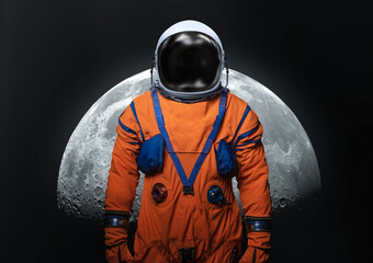 Moon in black space. Spaceman near lunar surface. Astronaut in deep space with moon and moonlight. Elements of this image furnished by NASA