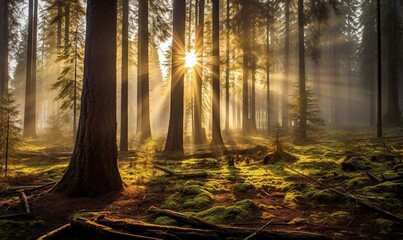  the sun is shining through the trees in a forest filled with green grass and mossy ground, with the sun shining through the trees in the distance.  generative ai