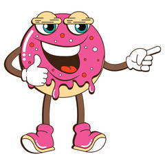  Retro groovy donut cake character. Retro cartoon style 60s, 80s. Vector illustration.