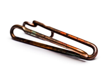 Old rusted paper clip, isolated on white, with natural shadows. Generative AI