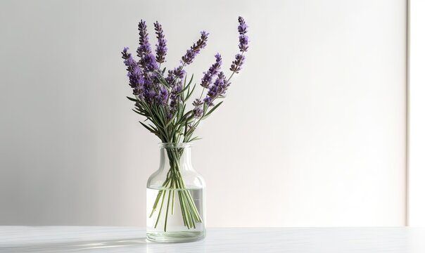  a glass vase filled with purple flowers on a table top next to a wall and a white wall in the backround of the photo.  generative ai