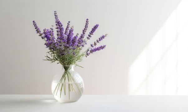  a vase with some purple flowers in it on a white tablecloth with a window behind it and a white wall behind it and a white wall behind the vase.  generative ai