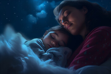 Mother with a little girl sleeping in the cloud. Generative AI.