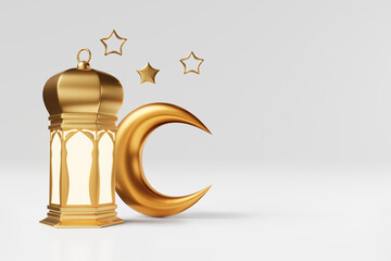 Eid al-Adha, the Feast of Sacrifice Muslim religious holiday. Islamic festival End of Ramadan Gold candle lantern glowing light crescent stars white background 3d rendering greeting banner copy space. © KawaiiS