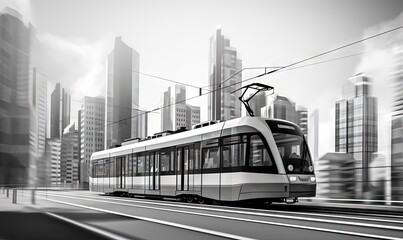  a black and white photo of a train on a track in a city with tall buildings in the background and a sky line in the foreground.  generative ai
