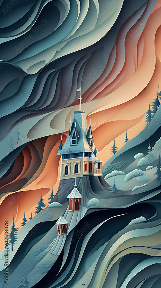 Poster a painting of a castle in the middle of a mountain. generative ai. abstract wavy patterns in blue an
