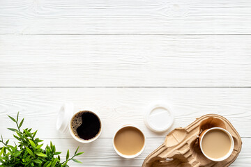 Many paper cups with coffee. Coffee to go background