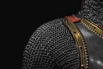 Close-up and texture of a chain of handmade real chain mail armor, authentic armor of a medieval...