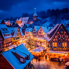 Alsace village at night at Christmas. AI Generative.