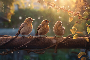 Cute little birds on the branch. Generative ai