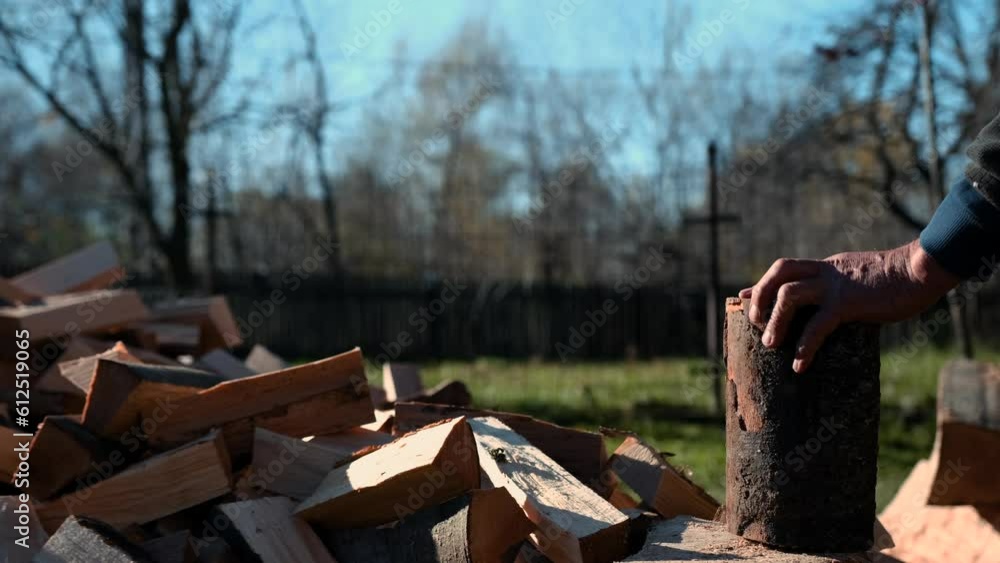 Poster man splitting wooden logs with an ax and throwing them aside in the yard