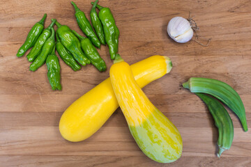 Top view of vegetables ready for cutting for a lunch meal.