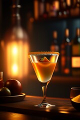 cocktail in the bar with lemon slice ,glass, drink, alcohol, bar, liquid, shot, cold, celebration, fruit, closeup, fresh,  Generative AI