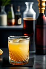 Yellow cocktail in the bar with lemon slice, glass, drink, alcohol, bar, liquid, shot, cold, celebration, fruit, closeup, fresh, Generative AI