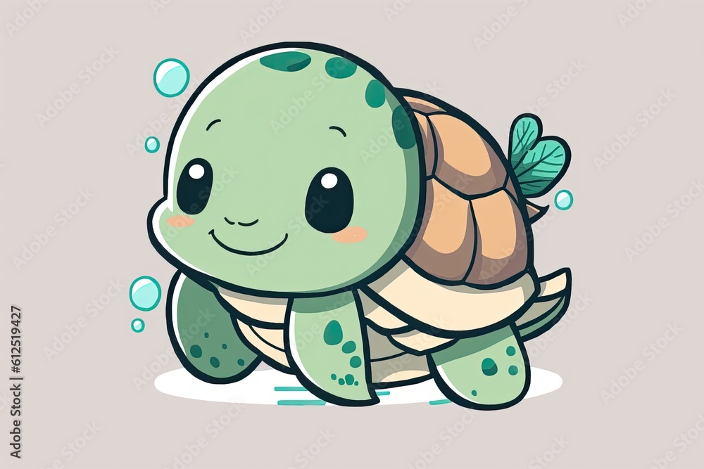 Poster happy turtle with water bubbles on its shell. generative ai