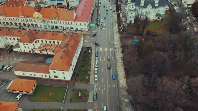 Timelapse aerial video of the city with a lot of cars passing along the streets, Radauti, Romania