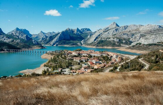 Village of Riano in Leon, Spain, with Picos de Europa in the background