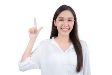 sweet woman with a smiling face uses hands pointing up. Isolated on white background