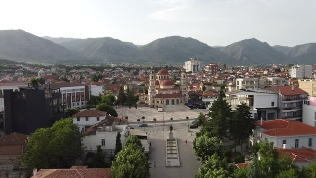 Aerial view of the Resurrection Cathedral with the city in the background, in Korca, Albania