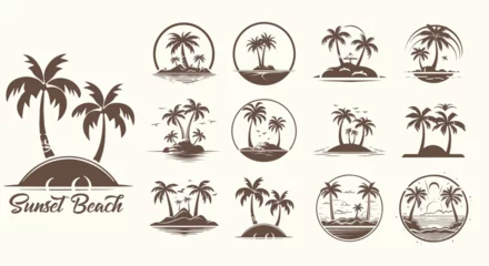 Poster Summer beach island with palm trees in the ocean. Vector emblem of travel, holiday, resort. Vector Logo collection. © serdjo13