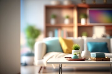 Contemporary Living Room with Minimalist White Coffee Table and Modern Furniture. Generative AI