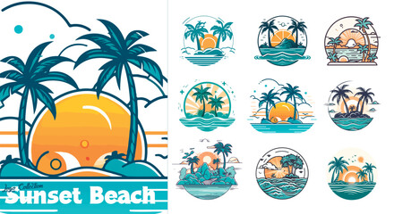 Summer beach island with palm trees in the ocean. Vector emblem of travel, holiday, resort. Vector Logo collection.