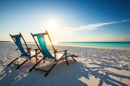 Beach chairs on a white sand beach with a clouded blue sky and the setting sun. Generative AI