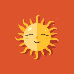 vectorized sun with face sticker with  orange background 