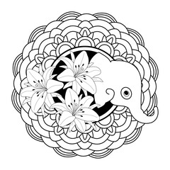Vector illustration of mandala with flowers and elephant head for coloring adult book antistress, mandala con gigli e testa di elefante da colorare per libro adulti antistress 