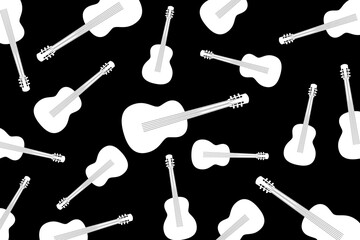 Modern pattern with guitars. Randomly scattered white guitars on a black background