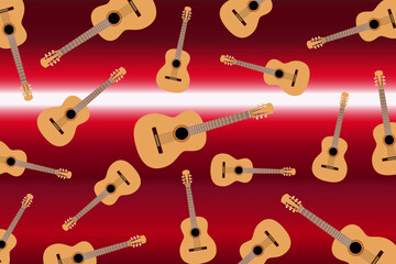 Modern pattern with guitars. Randomly scattered guitars on a red background	