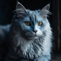 fluffy gray longhair cat with yellow eyes created with Generative AI technology