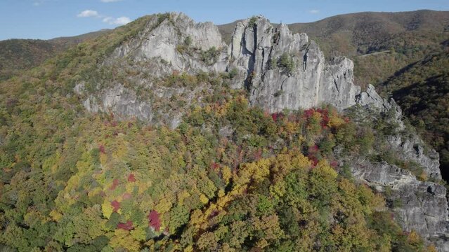 Aerial view of Seneca Rocks, West Virginia with fall foliage