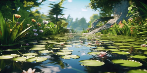 Tranquility embodied—a serene pond adorned with lily pads and gentle ripples, a sanctuary of calm. Generative AI  