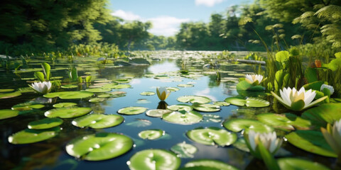 Find solace in the serenity of a tranquil pond, its still waters adorned with lily pads and gentle ripples. Generative AI  