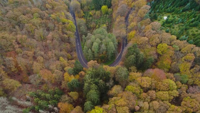Aerial view of a highway with colorful trees around in Solingen in Germany