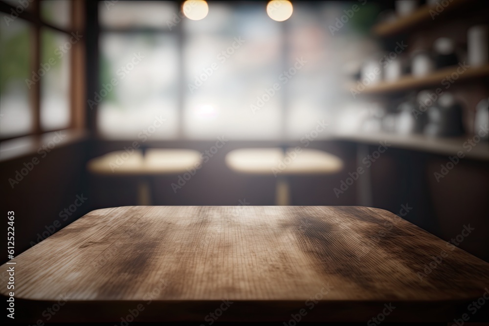 Poster wooden table placed in front of a window with natural light. generative ai