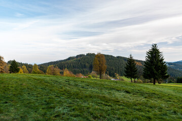 Fototapeta na wymiar Autumn Moravskoslezske Beskydy mountains above Bila village in Czech republic