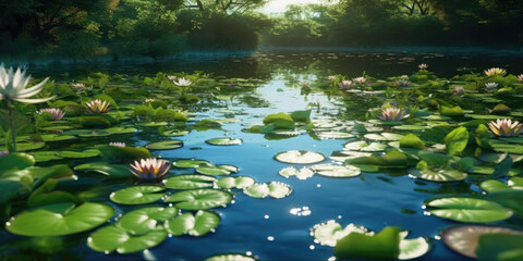 A serene pond with lily pads and gentle ripples, capturing a sense of serenity. Generative AI  