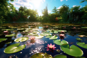 A serene pond with lily pads and gentle ripples, capturing a sense of serenity. Generative AI  