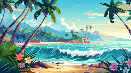 artistic illustration of beautiful, calm beach at noon time, Generative Ai