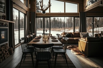 Fototapeta na wymiar A trendy rural chalets warm, pleasant interior has a large picture window that looks out over the winter forest. a family fireplace, an open floor design, wood furnishings, and warm Generative AI