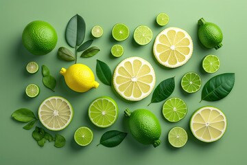 A unique lime arrangement on a green background. Lay down flat. The concept of food. Generative AI