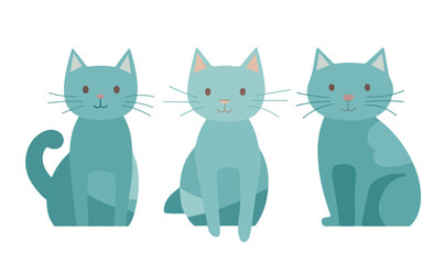 Simple flat cute cat set, isolated on white, sitting kawaii kitty, vector kitten