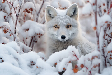 A close up of a white fox in the snow. Generative AI.