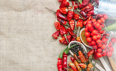 different seasonings for cooking, varieties of hot chilli pepper, ground pepper and spices, oil....