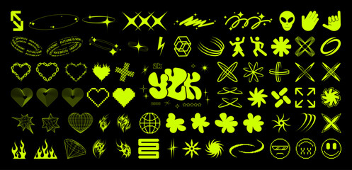 Acid retro Y2K icons and elements. 3D geometric shapes and retrofuturistic logo, neo-tribal, old school tattoo, futuristic icons. Graphic artistic set - elements, 3D objects, icons. Vector Y2K graphic
