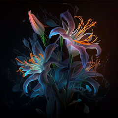 Lily bouquet. Shining magical neon flowers isolated on a black background.