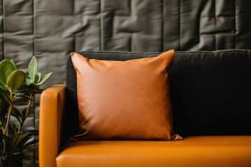 A couch with a pillow and a potted plant. Generative AI. Blank pillow mockup.